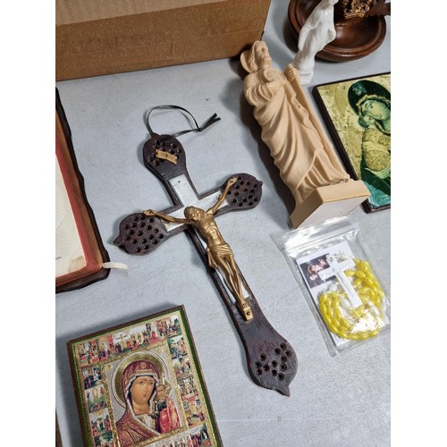50 - Box containing a quantity of religious items inc wooden cross on plinth, wall hanging cross, bible, ... 