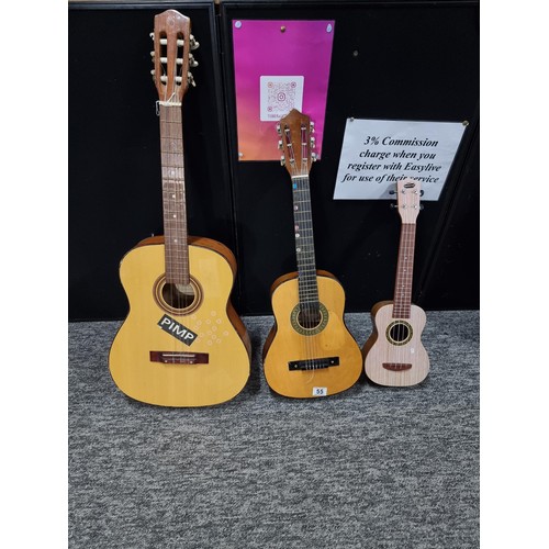 55 - Half size and full size nylon strung acoustic guitars along with a jnr rockstar Ukuele.