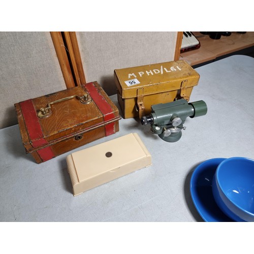 56 - Box containing a quantity of collectables inc a Huntley and Palmer tin, Theodolite, quantity of coll... 