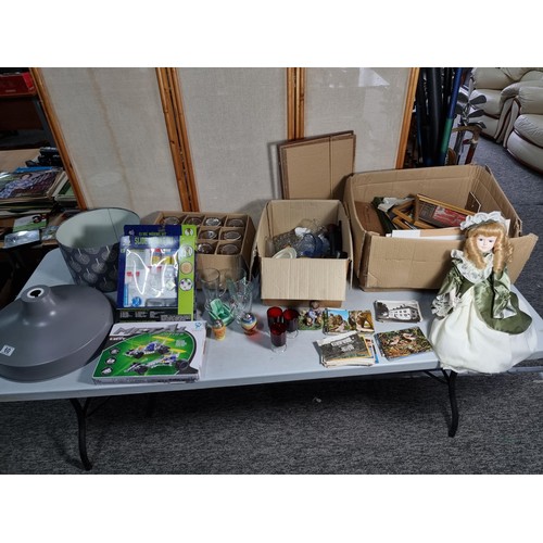 60 - Large job lot of collectables inc lamp shades, glass ware, microscope set, quantity of postcards, ru... 