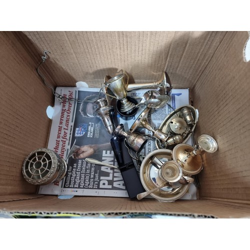 61 - Box containing a quantity of plated ware inc teapot, coffee pot, toast racks, tankards, vases, candl... 