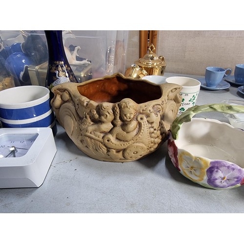 63 - 2x boxes of collectables inc Grindley tea set, hand made cherub decorated earthenware bowl, quartz m... 