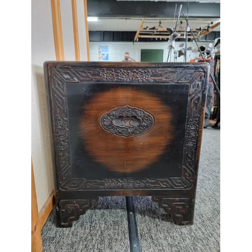 109 - Large Asian Good Quality & Ornate Camphor Wood lidded chest with deep carved decoration to the top o... 