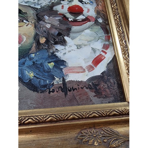 94 - Framed oil painting by William Moninet 1937 - 1999, depicting two clowns, in a gilt frame, painting ... 