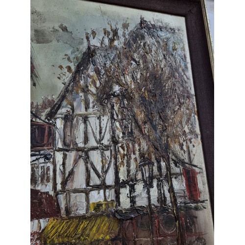 93 - Large framed original oil on canvas of a street scene by John Bampfield in good order well executed,... 