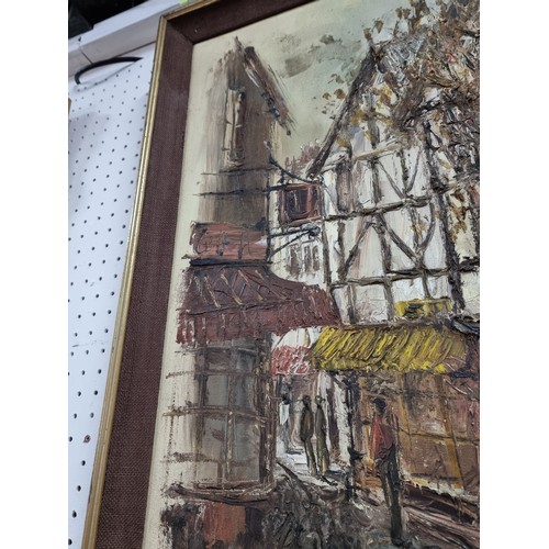 93 - Large framed original oil on canvas of a street scene by John Bampfield in good order well executed,... 