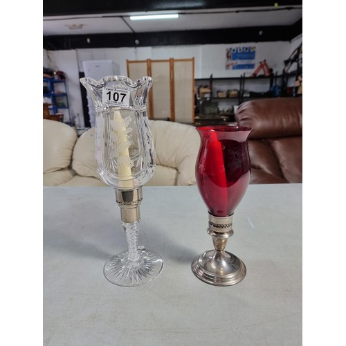 107 - 2x table top candle lamps inc a tall cut glass crystal lamp with silver plated collar and twisted st... 