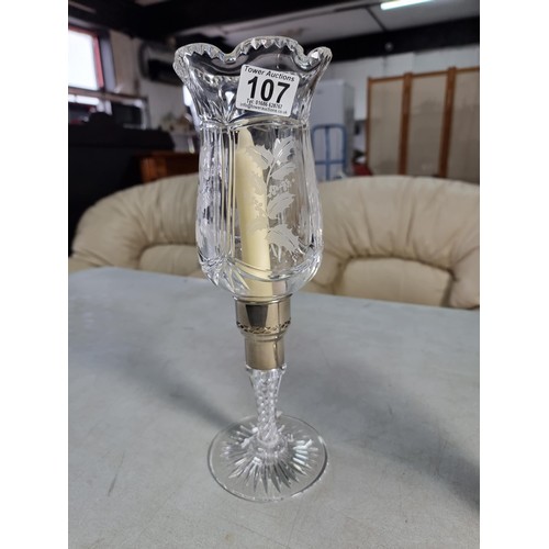 107 - 2x table top candle lamps inc a tall cut glass crystal lamp with silver plated collar and twisted st... 