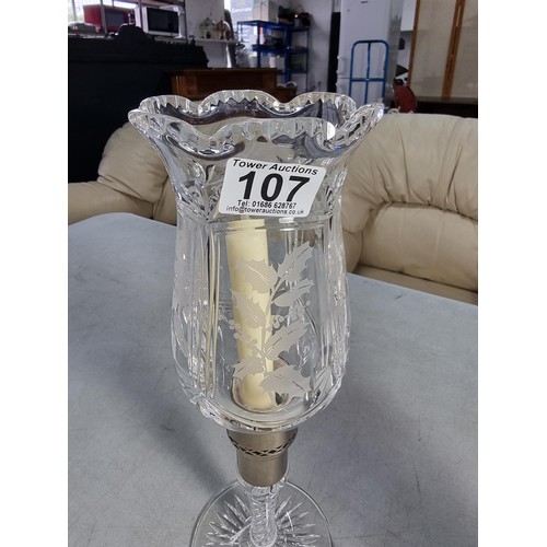 107 - 2x table top candle lamps inc a tall cut glass crystal lamp with silver plated collar and twisted st... 