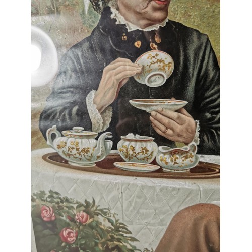 142 - Antique framed and glazed calendar print depicting Mr and Mrs Gladstone having afternoon tea, marked... 