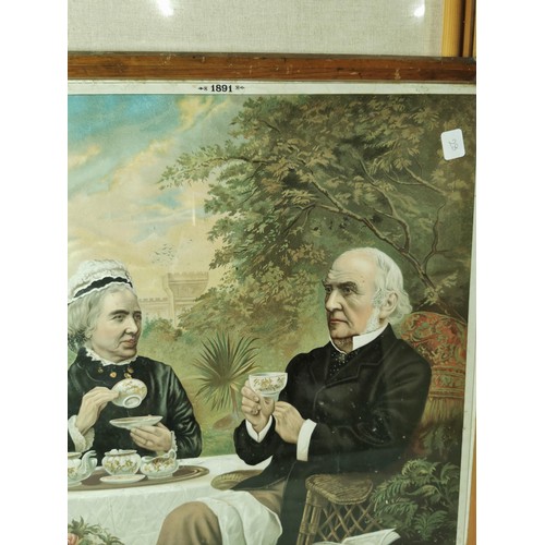 142 - Antique framed and glazed calendar print depicting Mr and Mrs Gladstone having afternoon tea, marked... 