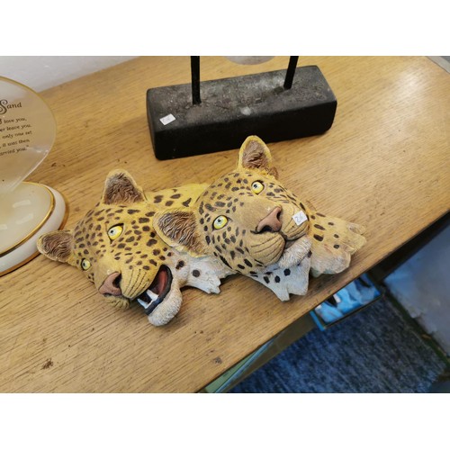 156 - Quantity of collectables inc a double leopard headed wall mount along with a modern plaster of paris... 