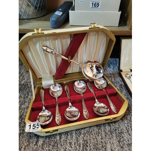 155 - 5x boxes containing a variety of flatware inc a case fruit spoon set, cased cake knife, cased coffee... 