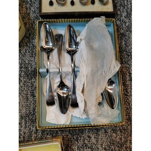 155 - 5x boxes containing a variety of flatware inc a case fruit spoon set, cased cake knife, cased coffee... 