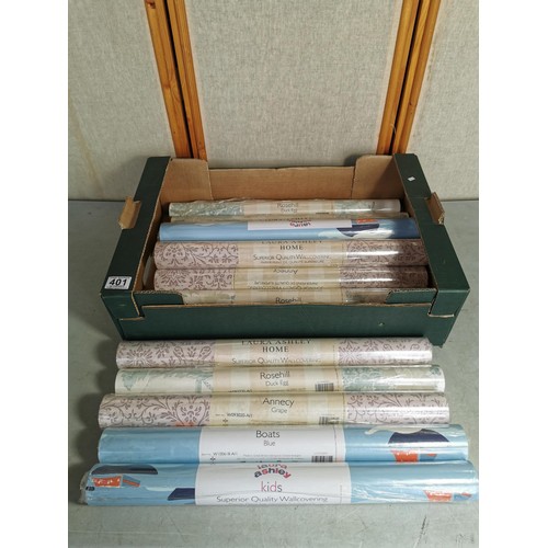 401 - Box containing 14 rolls of Laura Ashley sealed wallpaper inc Boats in blue, Annecy Grape, and Rosehi... 