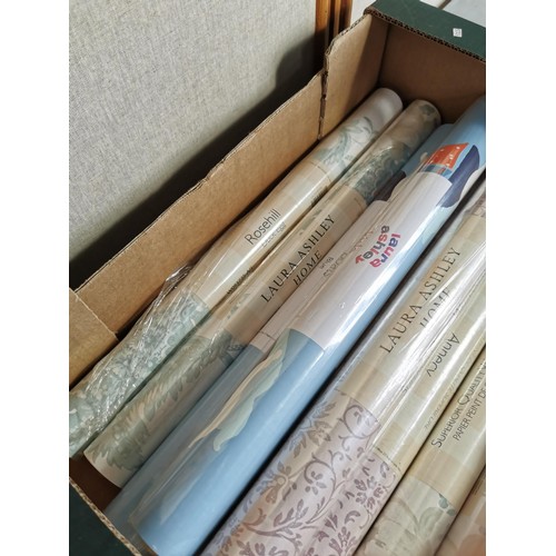 401 - Box containing 14 rolls of Laura Ashley sealed wallpaper inc Boats in blue, Annecy Grape, and Rosehi... 