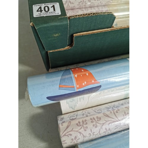 401 - Box containing 14 rolls of Laura Ashley sealed wallpaper inc Boats in blue, Annecy Grape, and Rosehi... 