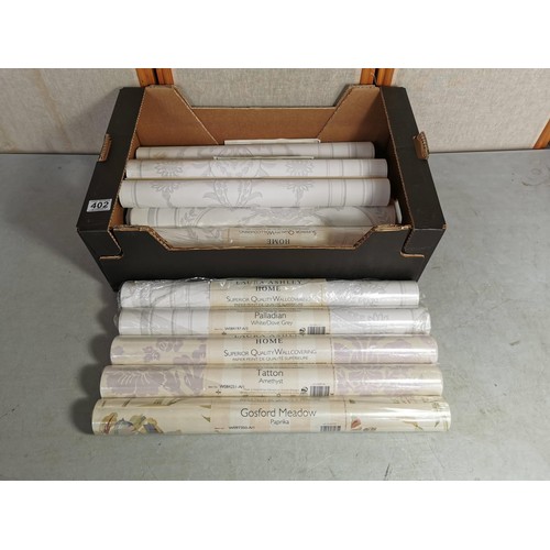 402 - Box containing 13 rolls of Laura Ashley wallpaper most are sealed as new, inc Tatton Amethyst, Palla... 