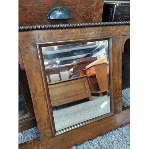 450 - Vintage oak hall mirror with bevel edge with brass coat hooks and screws in a bag, all in good overa... 