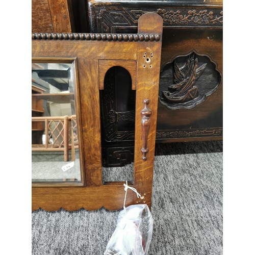 450 - Vintage oak hall mirror with bevel edge with brass coat hooks and screws in a bag, all in good overa... 