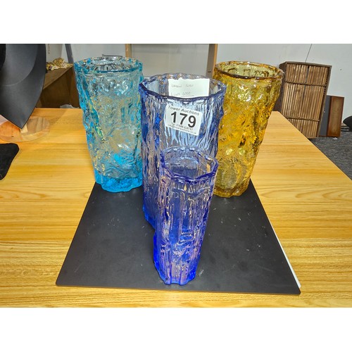 179 - A Collection of 4x Large attractive bark effect art glass vases, 3 in blue ,1 in amber glass, one of... 