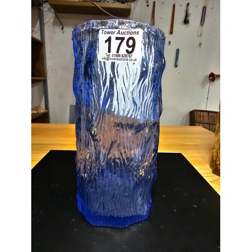 179 - A Collection of 4x Large attractive bark effect art glass vases, 3 in blue ,1 in amber glass, one of... 