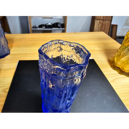 179 - A Collection of 4x Large attractive bark effect art glass vases, 3 in blue ,1 in amber glass, one of... 