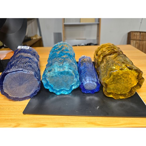 179 - A Collection of 4x Large attractive bark effect art glass vases, 3 in blue ,1 in amber glass, one of... 