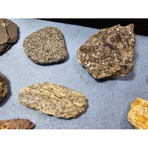 113 - A tray full of large rock, crystal and mineral specimens to include some unusual pieces featuring qu... 