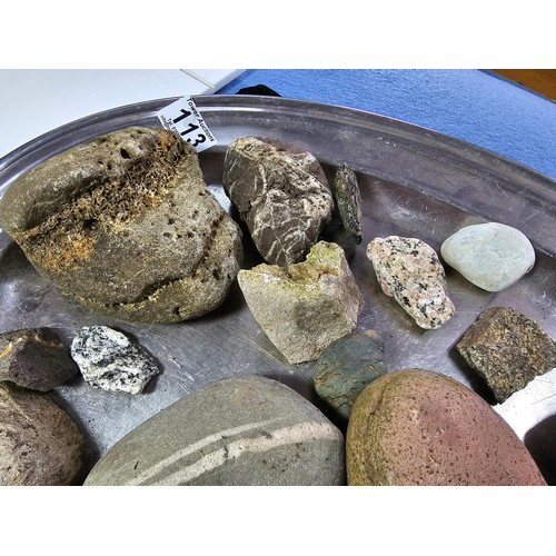 113 - A tray full of large rock, crystal and mineral specimens to include some unusual pieces featuring qu... 