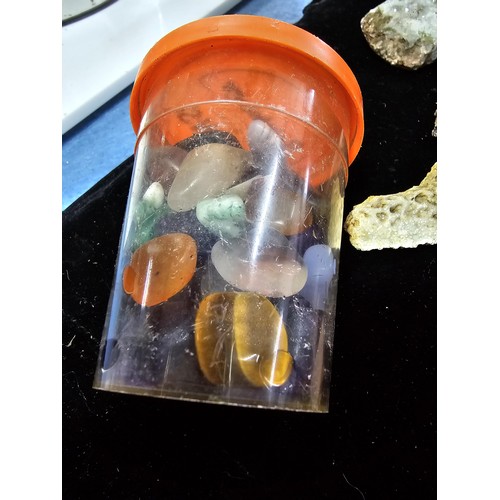 117 - A large collection of various of rocks crystal and mineral specimens along with 2 jars of polished a... 