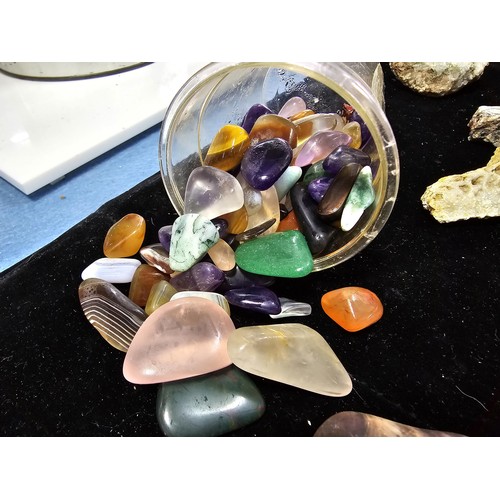 117 - A large collection of various of rocks crystal and mineral specimens along with 2 jars of polished a... 