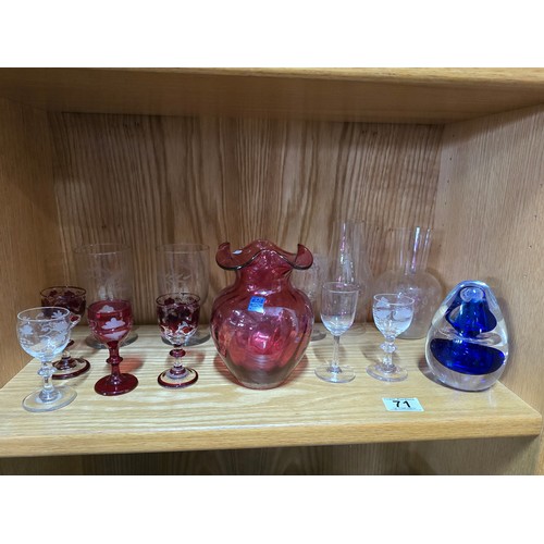 71 - Collection of glassware inc 5x etched glasses with floral and grape designs along with 3x cranberry ... 