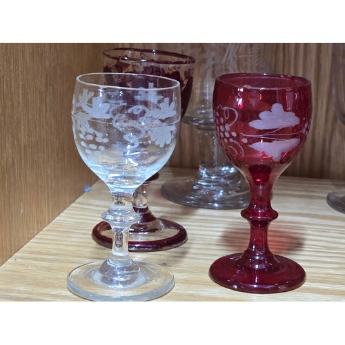 71 - Collection of glassware inc 5x etched glasses with floral and grape designs along with 3x cranberry ... 