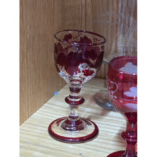 71 - Collection of glassware inc 5x etched glasses with floral and grape designs along with 3x cranberry ... 