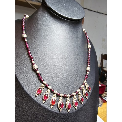 190 - An excellent quality 925 sterling silver India garnet beaded necklace featuring 9 silver drops inset... 