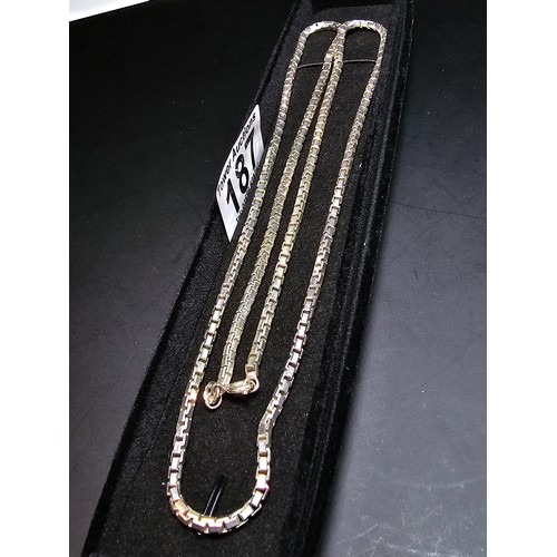 187 - A good quality chunky and heavy 925 sterling sliver neck chain with a box link design, the chain has... 