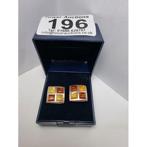 227 - Stunning hallmarked 925 silver square earrings beautifully inset with Butterscotch amber and Baltic ... 