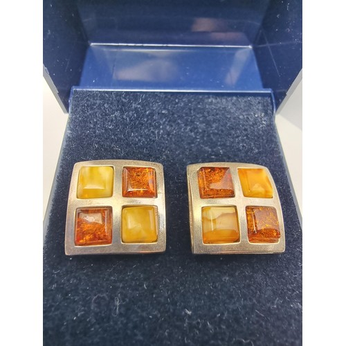 227 - Stunning hallmarked 925 silver square earrings beautifully inset with Butterscotch amber and Baltic ... 