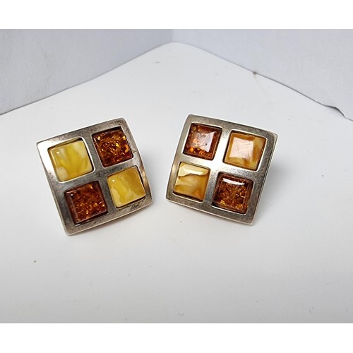 227 - Stunning hallmarked 925 silver square earrings beautifully inset with Butterscotch amber and Baltic ... 