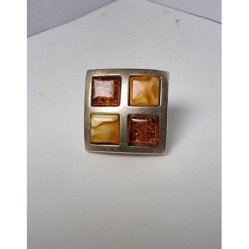 227 - Stunning hallmarked 925 silver square earrings beautifully inset with Butterscotch amber and Baltic ... 