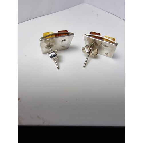 227 - Stunning hallmarked 925 silver square earrings beautifully inset with Butterscotch amber and Baltic ... 