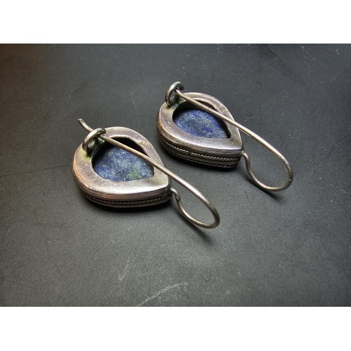 205 - A good large vintage par of sterling silver earrings inset with teardrop shaped faceted lapis lazuli... 