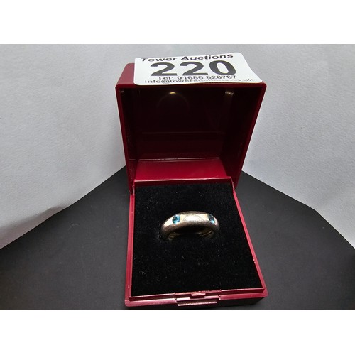 220 - A chunky 925 silver ring inset with faceted blue crystal CZ stones all the way around. In good clean... 