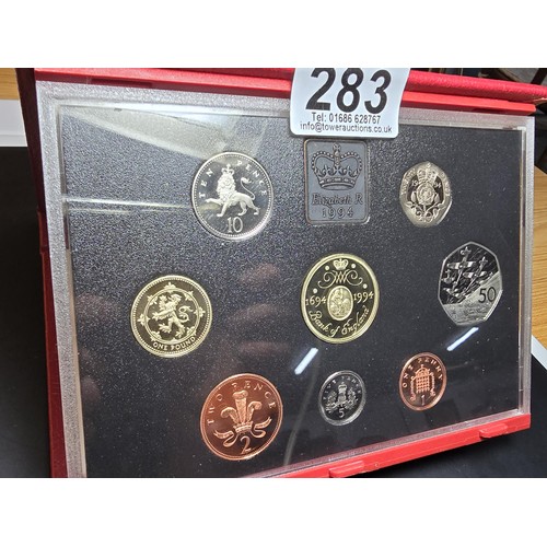 283 - An attractive Royal Mint 1994 red leather deluxe coin proof set featuring the £2 coin, the set displ... 