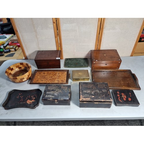 8 - Large quantity of boxes and trays inc 2x papier-mache boxes, a mahogany lidded box with MOP circle d... 