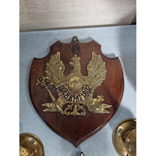 9 - A good collection of of Prussian military items inc a shield with a Prussian military Picklehaube br... 