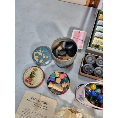 19 - Collection of vintage toys inc game of Speculate, tin of vintage marbles, playing cards, draughts, d... 