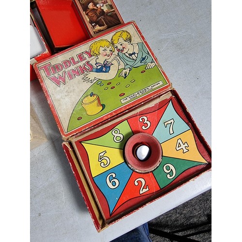 19 - Collection of vintage toys inc game of Speculate, tin of vintage marbles, playing cards, draughts, d... 