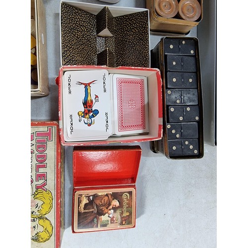 19 - Collection of vintage toys inc game of Speculate, tin of vintage marbles, playing cards, draughts, d... 